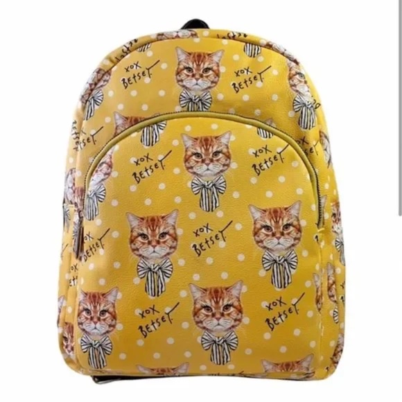 Betsey Johnson Cat Print Backpack Orange Tabby Mustard Yellow NWOT - Picture 1 of 13